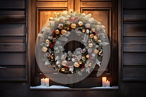 Christmas holiday wreath hanging on a door, adorned with shimmering ornaments and twinkling lights