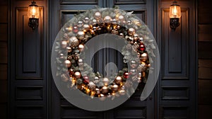 Christmas holiday wreath hanging on a door, adorned with shimmering ornaments and twinkling lights