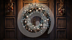 Christmas holiday wreath hanging on a door, adorned with shimmering ornaments and twinkling lights