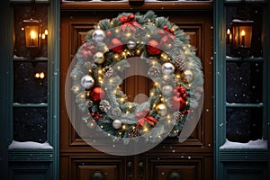 Christmas holiday wreath hanging on a door, adorned with shimmering ornaments and twinkling lights