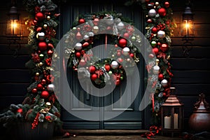 Christmas holiday wreath hanging on a door, adorned with shimmering ornaments and twinkling lights