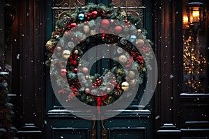 Christmas holiday wreath hanging on a door, adorned with shimmering ornaments and twinkling lights