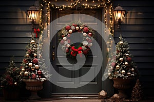 Christmas holiday wreath hanging on a door, adorned with shimmering ornaments and twinkling lights