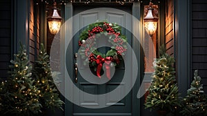 Christmas holiday wreath hanging on a door, adorned with shimmering ornaments and twinkling lights