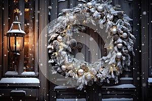 Christmas holiday wreath hanging on a door, adorned with shimmering ornaments and twinkling lights