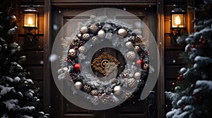 Christmas holiday wreath hanging on a door, adorned with shimmering ornaments and twinkling lights