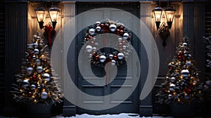 Christmas holiday wreath hanging on a door, adorned with shimmering ornaments and twinkling lights