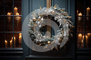 Christmas holiday wreath hanging on a door, adorned with shimmering ornaments and twinkling lights