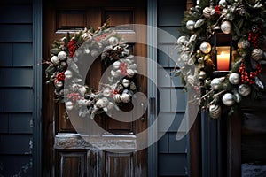 Christmas holiday wreath hanging on a door, adorned with shimmering ornaments and twinkling lights