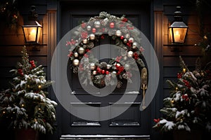 Christmas holiday wreath hanging on a door, adorned with shimmering ornaments and twinkling lights