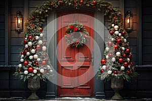 Christmas holiday wreath hanging on a door, adorned with shimmering ornaments and twinkling lights