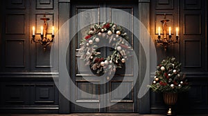 Christmas holiday wreath hanging on a door, adorned with shimmering ornaments and twinkling lights