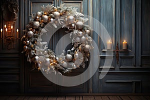 Christmas holiday wreath hanging on a door, adorned with shimmering ornaments and twinkling lights