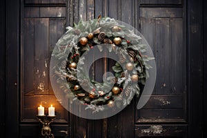 Christmas holiday wreath hanging on a door, adorned with shimmering ornaments and twinkling lights