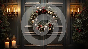 Christmas holiday wreath hanging on a door, adorned with shimmering ornaments and twinkling lights