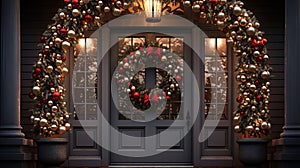 Christmas holiday wreath hanging on a door, adorned with shimmering ornaments and twinkling lights