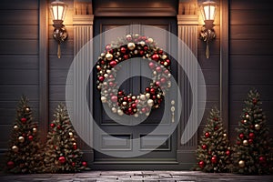 Christmas holiday wreath hanging on a door, adorned with shimmering ornaments and twinkling lights