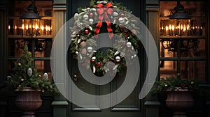 Christmas holiday wreath hanging on a door, adorned with shimmering ornaments and twinkling lights