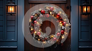 Christmas holiday wreath hanging on a door, adorned with shimmering ornaments and twinkling lights