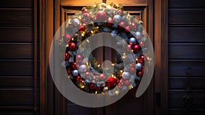 Christmas holiday wreath hanging on a door, adorned with shimmering ornaments and twinkling lights