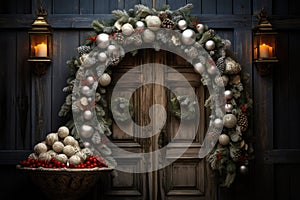 Christmas holiday wreath hanging on a door, adorned with shimmering ornaments and twinkling lights