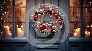 Christmas holiday wreath hanging on a door, adorned with shimmering ornaments and twinkling lights