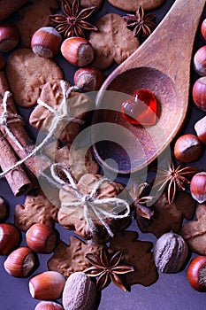 Christmas holidays background. Christmas cookies with festive decoration.