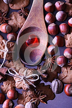 Christmas holidays background. Christmas cookies with festive decoration.