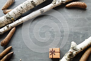Christmas Holidays Background With Pine Cones and birch
