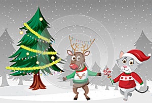 Christmas holidays with cat and reindeer