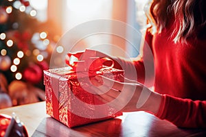 christmas, holidays, celebration and people concept - close up of woman opening gift box at home. Selective focus