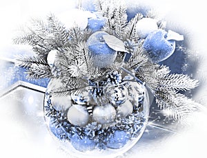 Christmas holidays composition with blue apples and silver balls on white