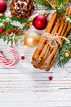 Christmas Holidays Composition Cinnamon and Christmas Decoration