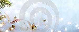 Christmas holidays composition on white fur background with copy space for your text