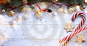 Christmas holidays composition on wooden background Christmas tree decoration and copy space for your text