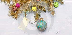 Christmas holidays concept. Decorative ball toy and gift tag copy space. Get ready for christmas. Christmas decorations