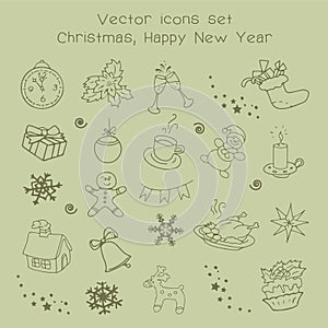 Christmas holidays icon set. Classic hand-drawn New Year elements, vintage style.