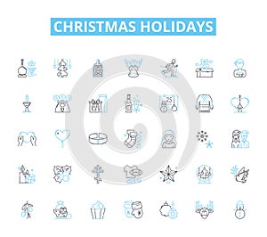 Christmas holidays linear icons set. Festive, Holly, Reindeer, Eggnog, Decorations, Gingerbread, Carols line vector and