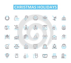 Christmas holidays linear icons set. Festive, Holly, Reindeer, Eggnog, Decorations, Gingerbread, Carols line vector and