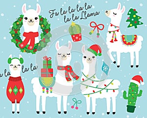 Christmas and Holidays Llama and Alpaca Vector Illustration