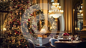 Christmas holidays and New Year celebration, dinner table at a luxury English styled restaurant or hotel interior