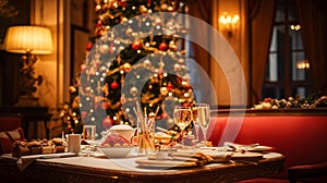 Christmas holidays and New Year celebration, dinner table at a luxury English styled restaurant or hotel interior, Christmas tree