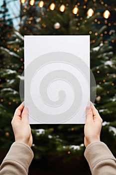 Christmas, holidays and people concept - close up of woman hands holding blank paper sheet over christmas tree