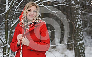 Christmas Holidays, pretty lady in red coat, fashionable concept