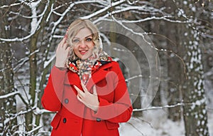 Christmas Holidays, pretty lady in red coat, fashionable concept