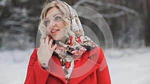Christmas Holidays, pretty lady in red coat, fashionable concept