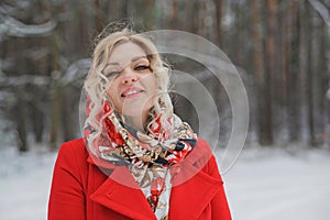 Christmas Holidays, pretty lady in red coat, fashionable concept