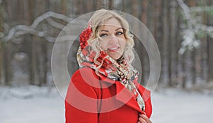 Christmas Holidays, pretty lady in red coat, fashionable concept