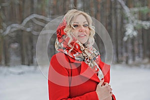 Christmas Holidays, pretty lady in red coat, fashionable concept