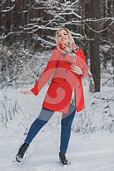 Christmas Holidays, pretty lady in red coat, fashionable concept